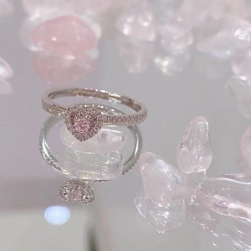 Cincin Sterling Silver 925 Desain Hati Hias Kristal Kubik Zirconia Warna Pink Untuk Wanita