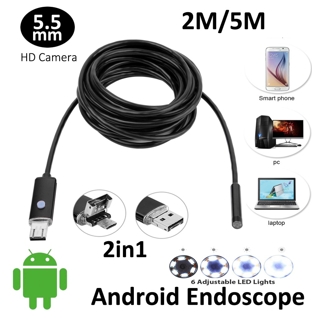 AN99 6-LED 5.5mm Lens IP67 Waterproof Android Video Endoscope Borescope USB Cable 2M Camera