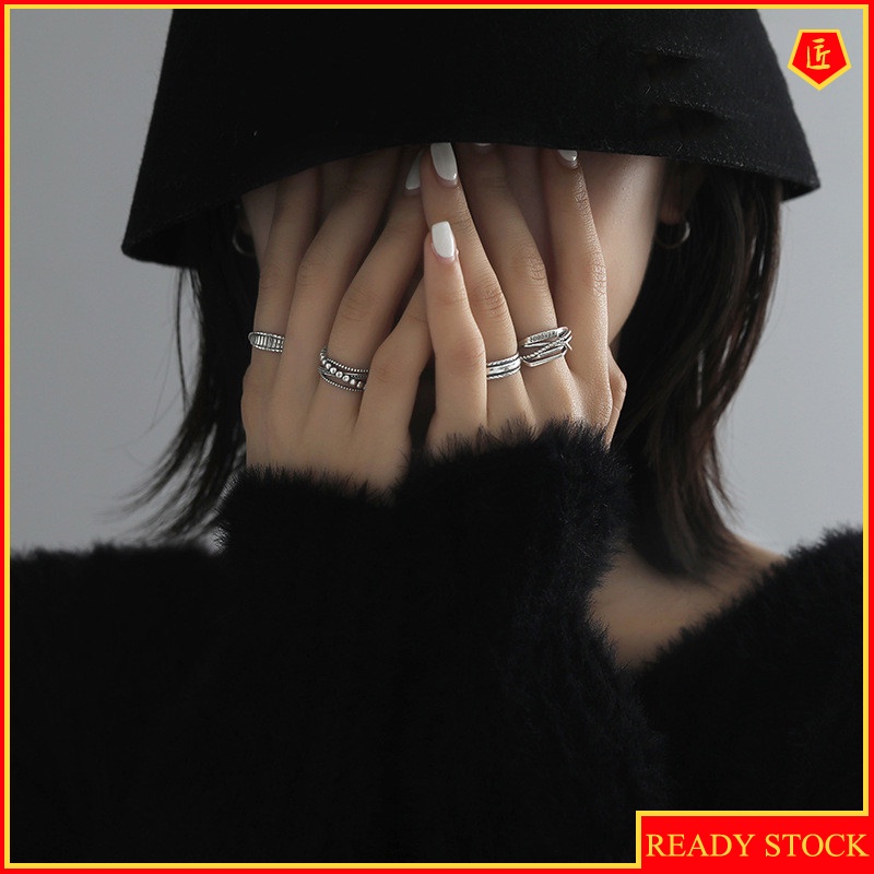 [Ready Stock]S925 Silver Glossy round Beads Ring Women's Retro Fashion Stripes