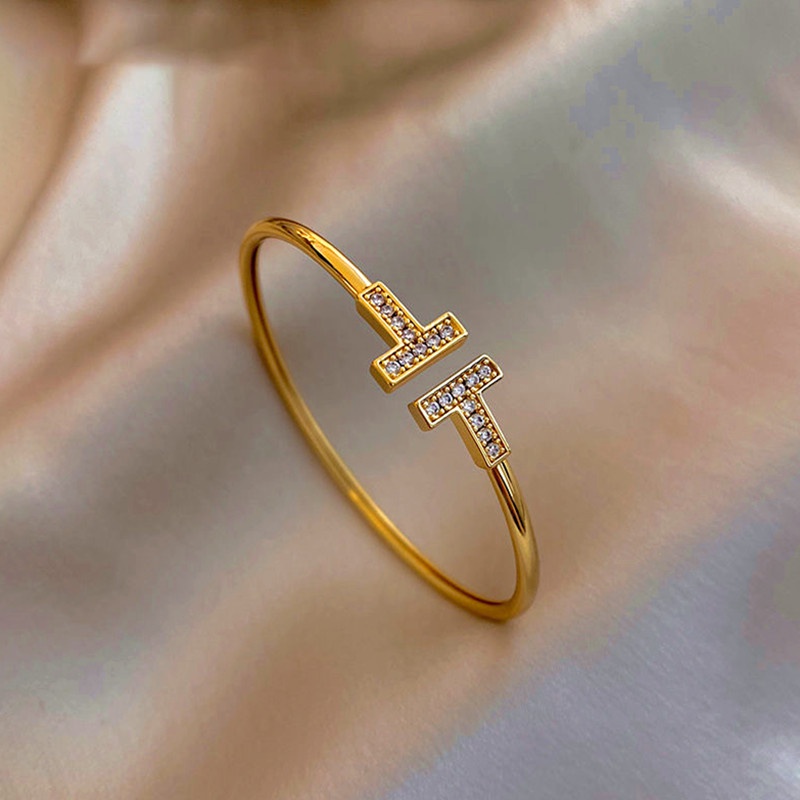 Gelang Berlian Imitasi Korea Klasik Fashion T Bentuk Bangle Terbuka Perhiasan-gold