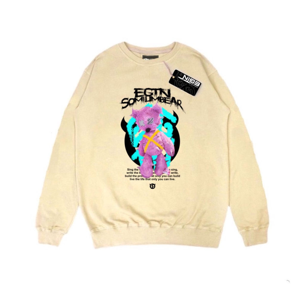 Sweater Crewneck Motif Bears Pria Wanita Bahan Fleece Tebal Warna Cream Terbaru Switer Tanpa Kupluk Oversize