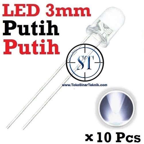 x10 Led Putih Putih = Putih 3mm Led Putih Standar 3mm 3.2v White  ISI 10 BUAH