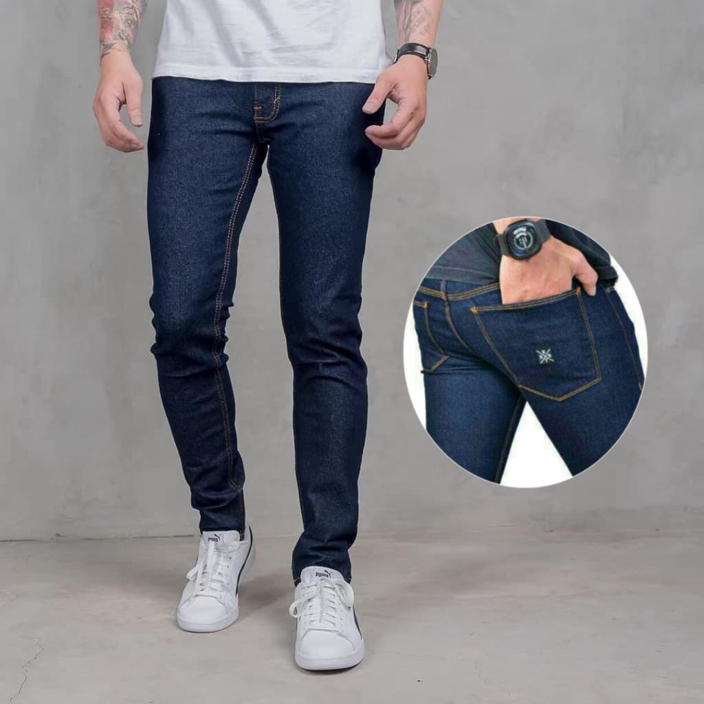 celana jeans black panjang skinny semi slimfit cowo / jeans dongker biru cowok terbaru 2022 / Celana levis paling populer / jeans strecht biru dongker pria