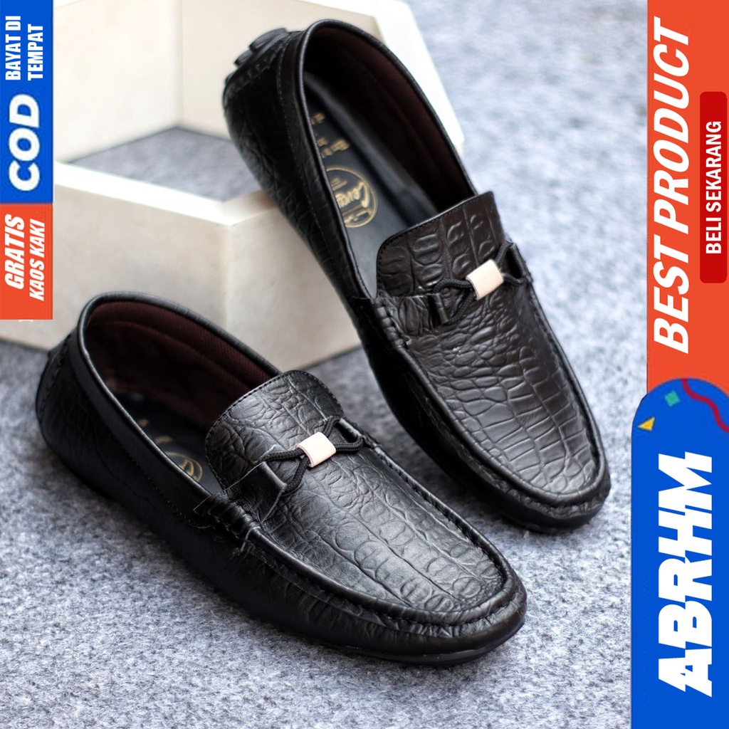 Sepatu Casual Pria Formal Slip On Pantofel Kulit Asli Kerja Kantor Kondangan Kuliah Hitam Fashion Shoes Terbaru Murah Kekinian Original PARIS ABRHM