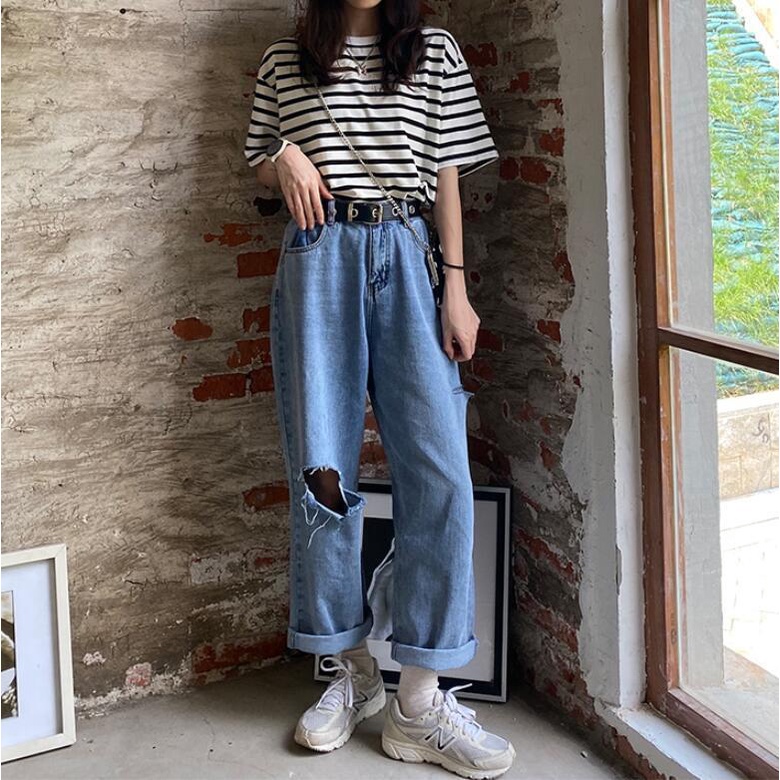 New biru boyfriend kekinian korean style high waist murah celana jeans panjang wanita(Ukuran Jumbo)