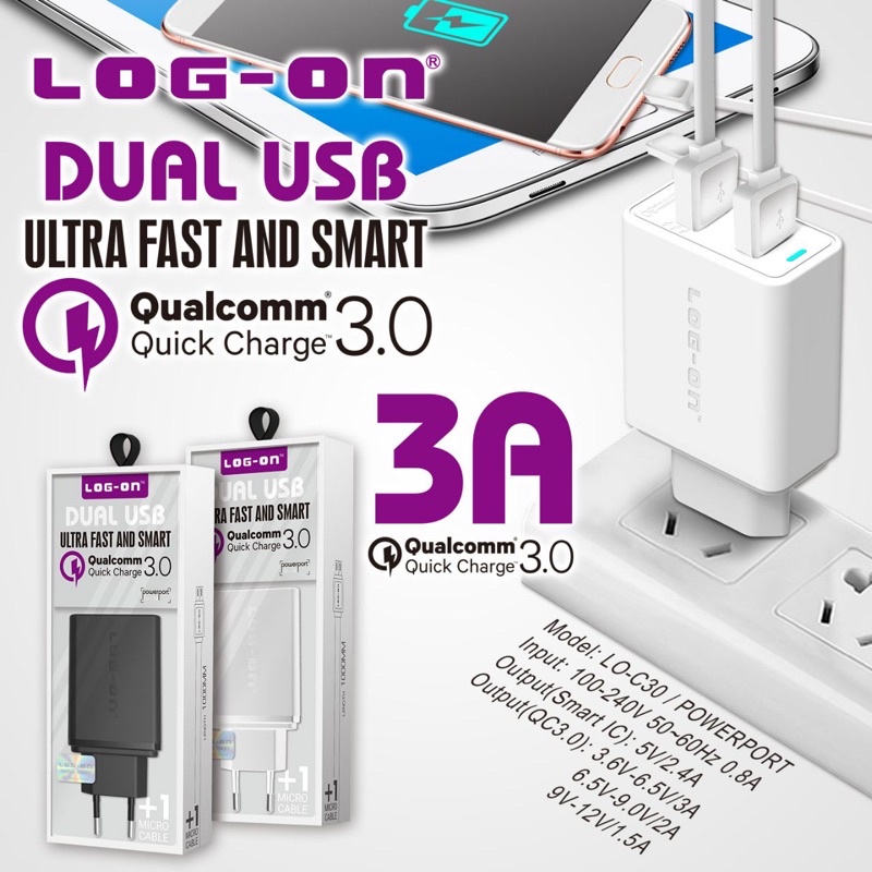 CHARGER LOGON MICRO C30 2USB FASTCHARGING ORIGINAL