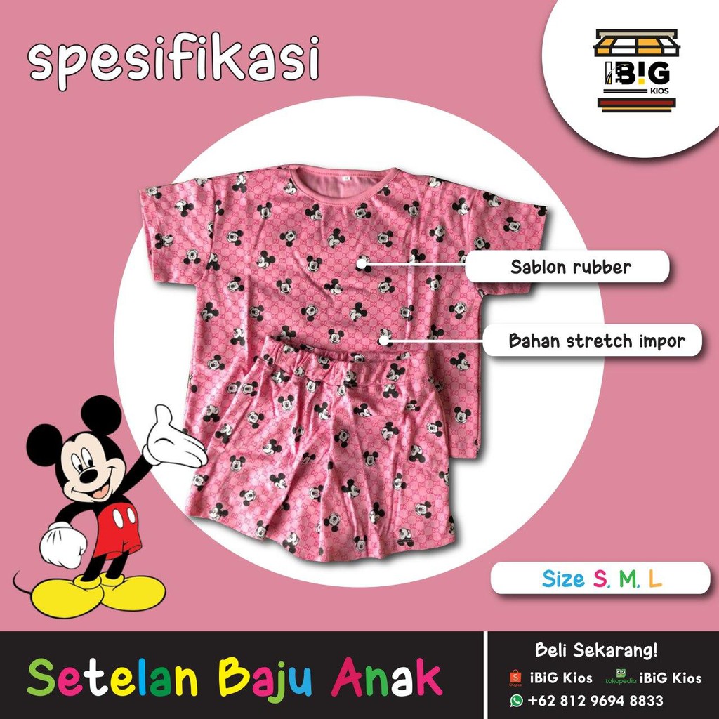SETELAN ANAK PEREMPUAN GUCCI MICKEY PINK/Umur 4- 13 Th/Adem Halus Premium Original/Cotton Stretch