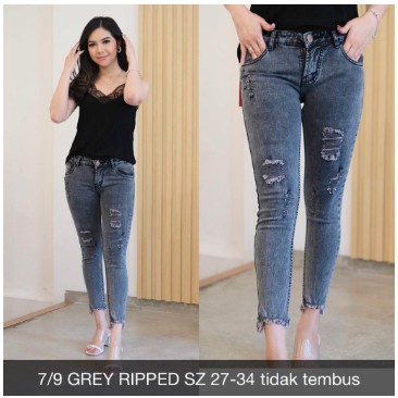 CELANA JEANS WANITA - 7/9 GREY RIPPED JEANS