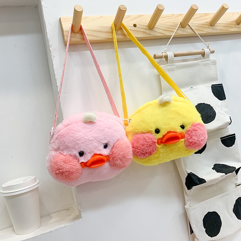 Drozenb Tas Selempang Boneka Lucu/Tas Selempang Plush Model Korea/Tas Selempang Bebek Bulu Gaya Korea