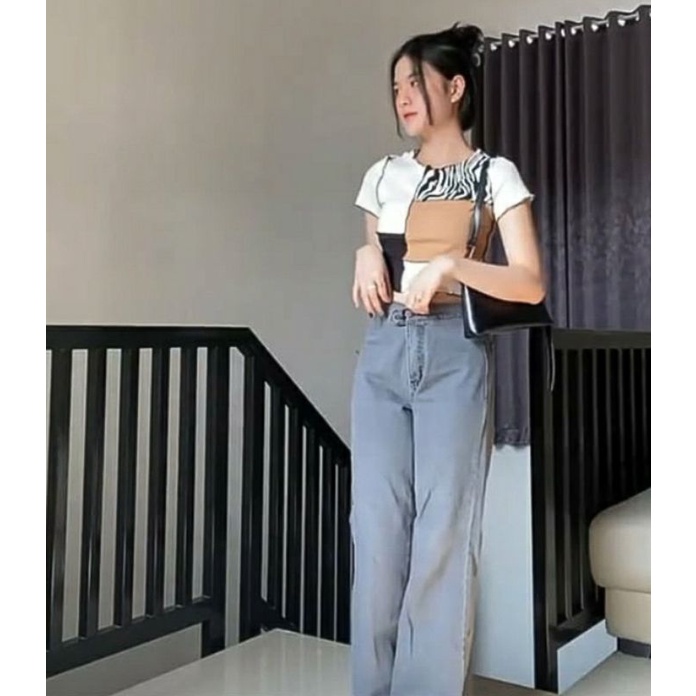 SALE...SHEIN READY STOCK Zebra Striped Print Seam Front Colorblock Tee