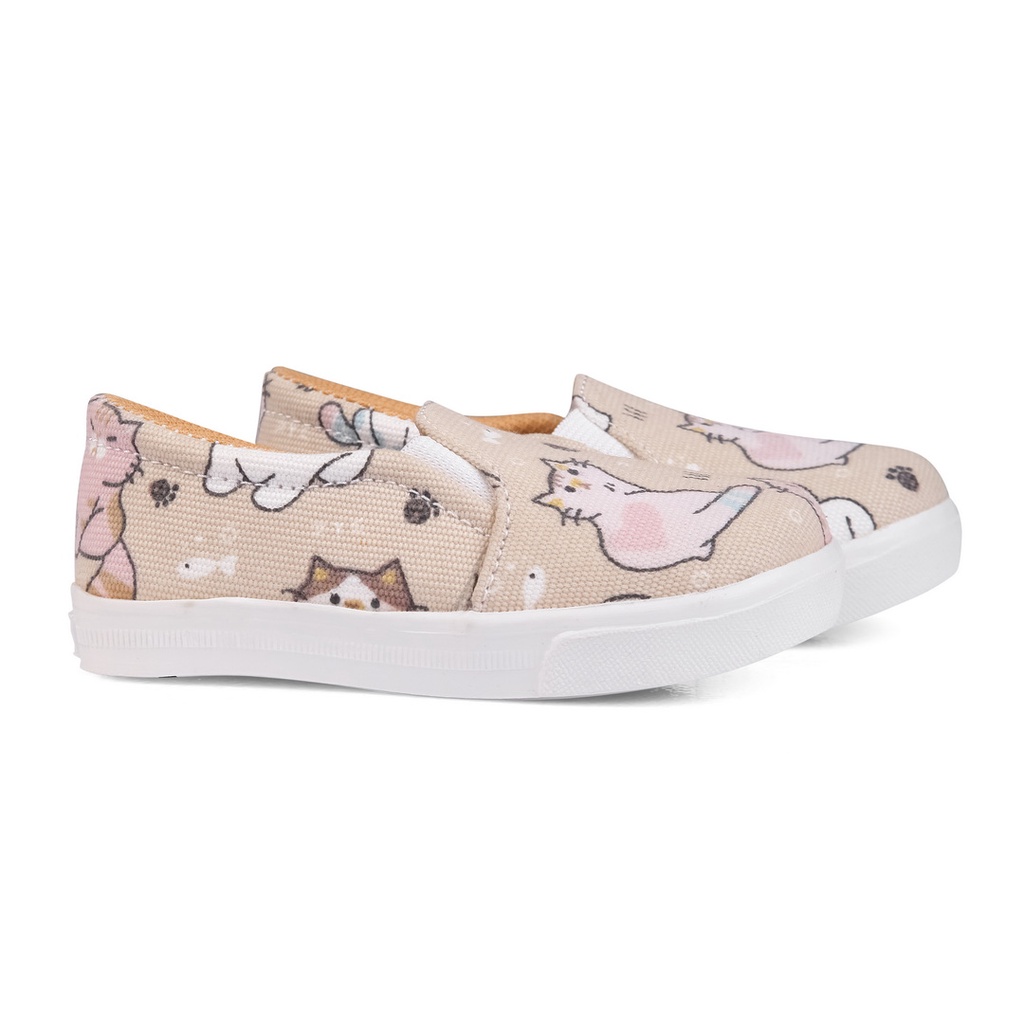 Sepatu Slip on Anak laki-laki dan Perempuan Motif E01 Kucing Cream