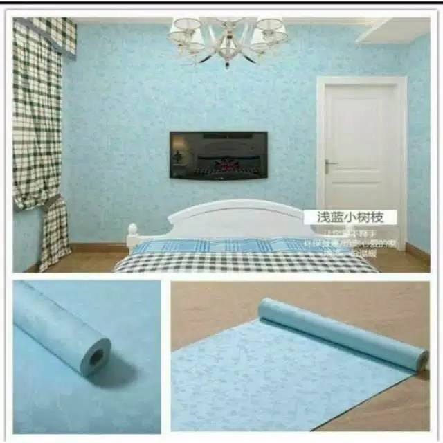 Baru - Murah Wallpaper Sticker Dinding Polos Biru Motif Daun Minimalis Elegan 10 Meter