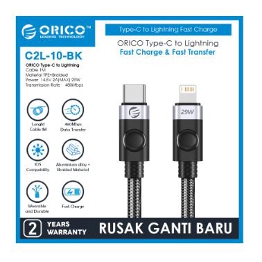 Cable usb type-c to lightning orico 100cm 29w 480Mbps 3A fast charging braided C2L-10 - Kabel charge data ipad iphone 1m 1 meter