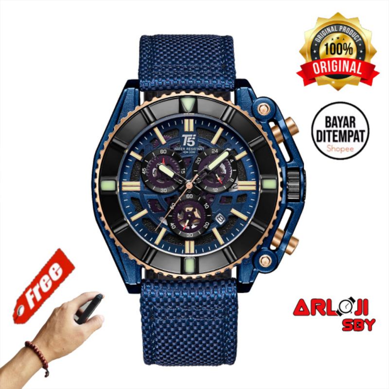 JAM TANGAN PRIA T5 H3797 CHRONOGRAPH ORIGINAL NYLON STRAP FREE BOX PAPPER BAG BONUS GELANG TANGAN KAYU