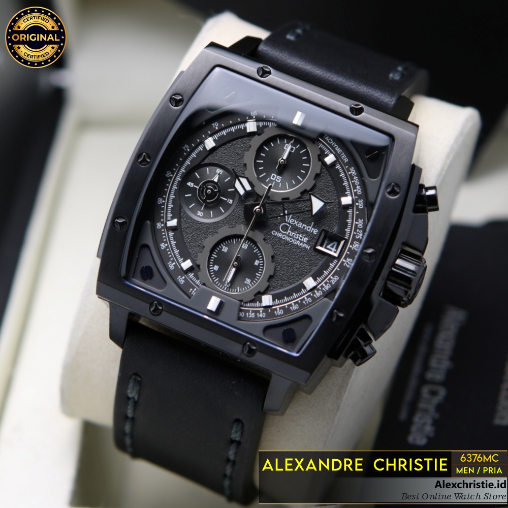 Jam Pria Alexandre Christie AC 6376 MC Chronograph Full Black Leather Black Original