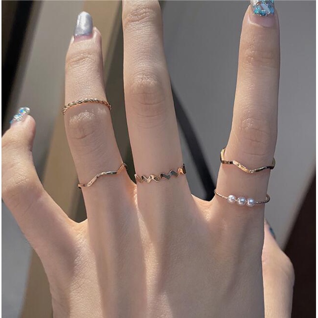 5pcs/set Korean Simple Geometric Pearl Ring Set Elegant Gold and Silver Adjustable Ring Set for Women Jewelry Accessories