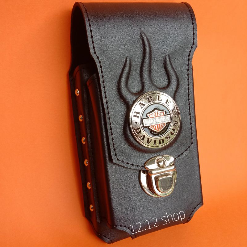 sarung hp pinggang asli kulit model 2 ruang, logo Harley Davidson.
