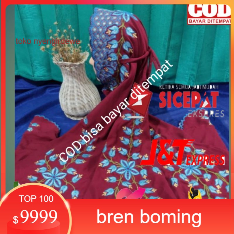 NEW  Termurah Mukena Polino Kudusan Dewasa Bordir Terusan motif warna dasar Maroon motif bordir bung