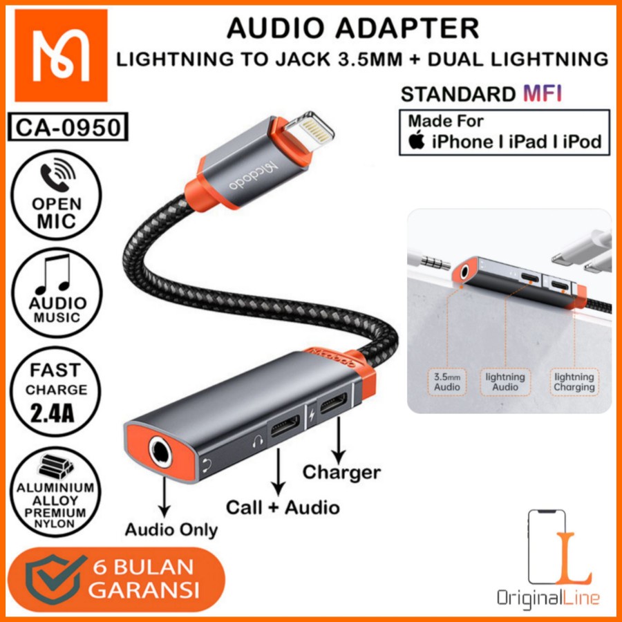 CONVERTER MCDODO CA-0950 SPLITTER LIGHTNING TO JACK3.5MM + 2 LIGHTNING