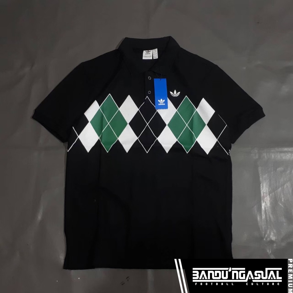 Polo Shirt Adidas Argyle For Man Full Tag (HITAM-PUTIH-NAVY)
