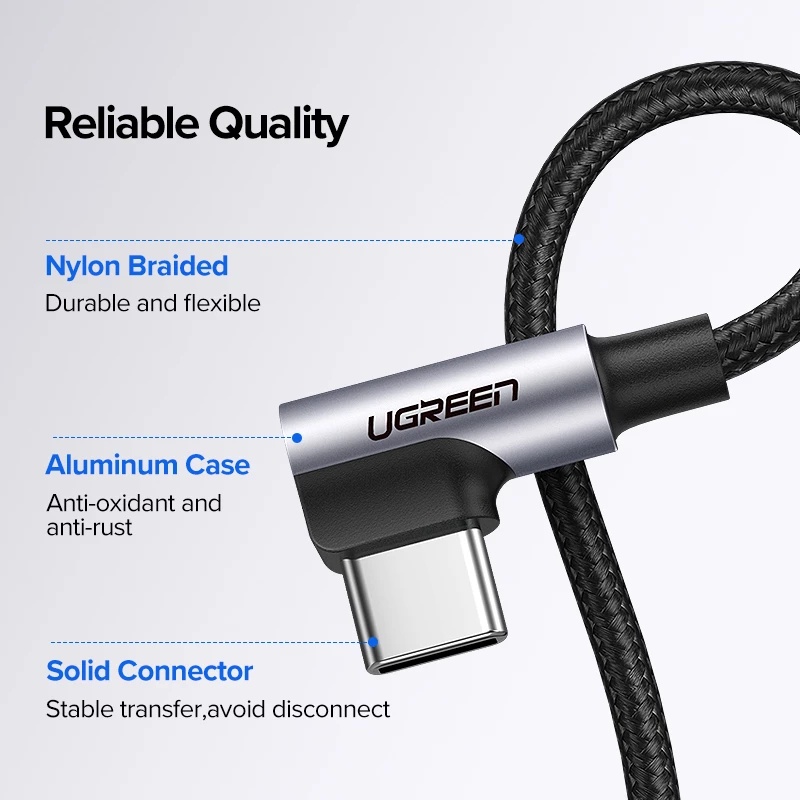 Ugreen Kabel Data / Charger USB Tipe C 90 Derajat Fast Charging Bahan Nilon Untuk Handphone