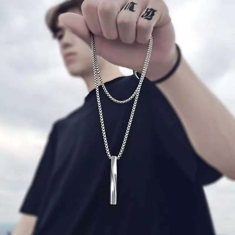 [BISA COD] Kalung Pria Keren Sederhana Simple Spiral Silver | Stainless Steel Rectangular Spiral Necklace|hip hop street |Tahan karat