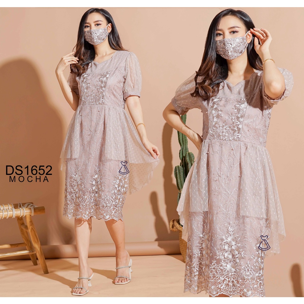 DS1652 - Dress Peplum Party Tile Bordir Midi Dress Natal