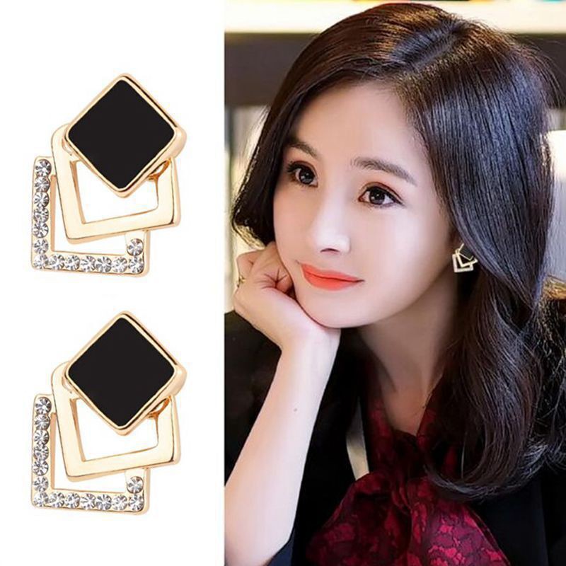 Anting wanita geometri model korea jepang berlian silver cantik terbaru cocok untuk hadiah dan pesta