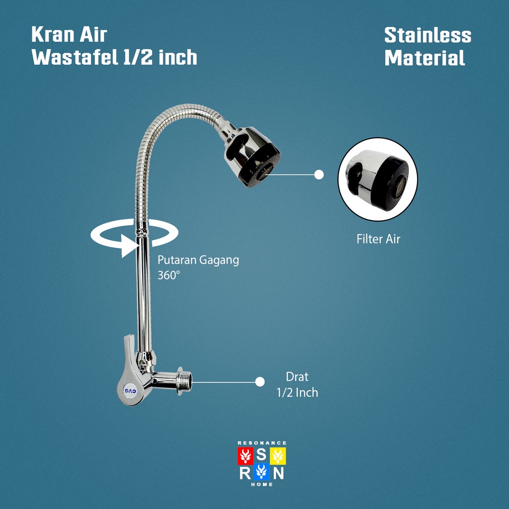 Kran Angsa Flexible Besar ON-OFF /  Keran Air Cuci Fleksible Stainless Resonance Home