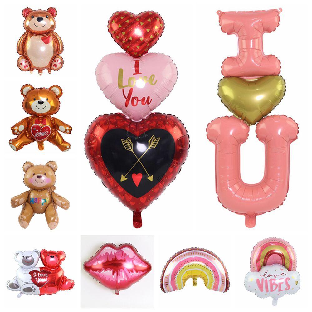 Solighter Valentines Day Balon Foil Anniversary Pernikahan Dekorasi Air Bola Tiup Perlengkapan Pesta Bibir Hati Merah