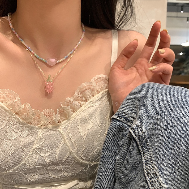 Kalung Rantai Klavikula Dengan Liontin Manik-Manik Bentuk Anggur Hati Warna Pink
