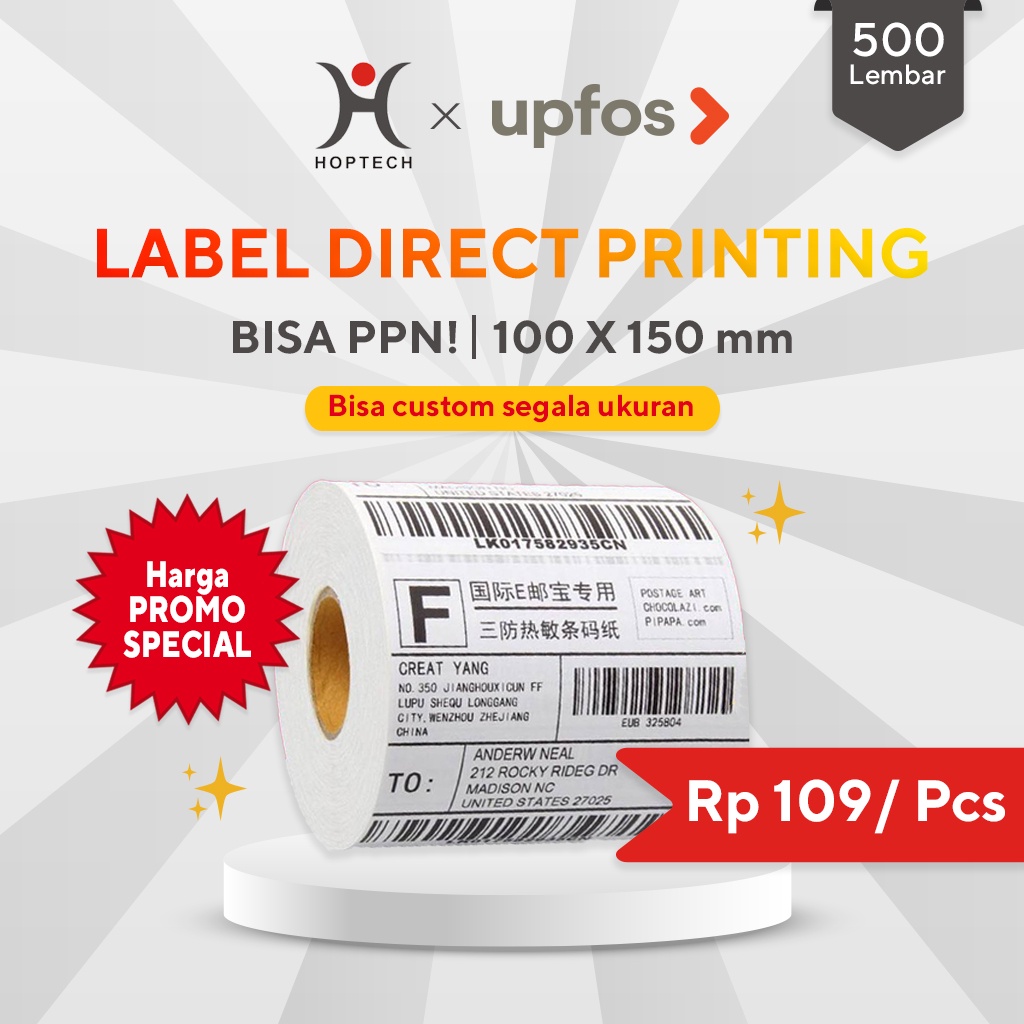 

Label Barcode 100 x 150 mm 1 Line 500pcs/Roll & 250 pcs kertas sticker thermal