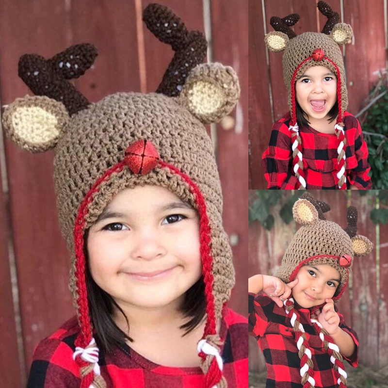 Zzz Topi Kupluk Rajut Anak Laki-Laki / Perempuan Desain Rusa Kartun Anti Angin Untuk Natal / Outdoor