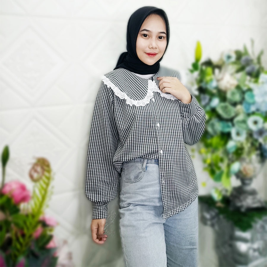 CARLINA – Rania Blouse Kotak Mix Renda Bordir Kerah Kemeja Wanita