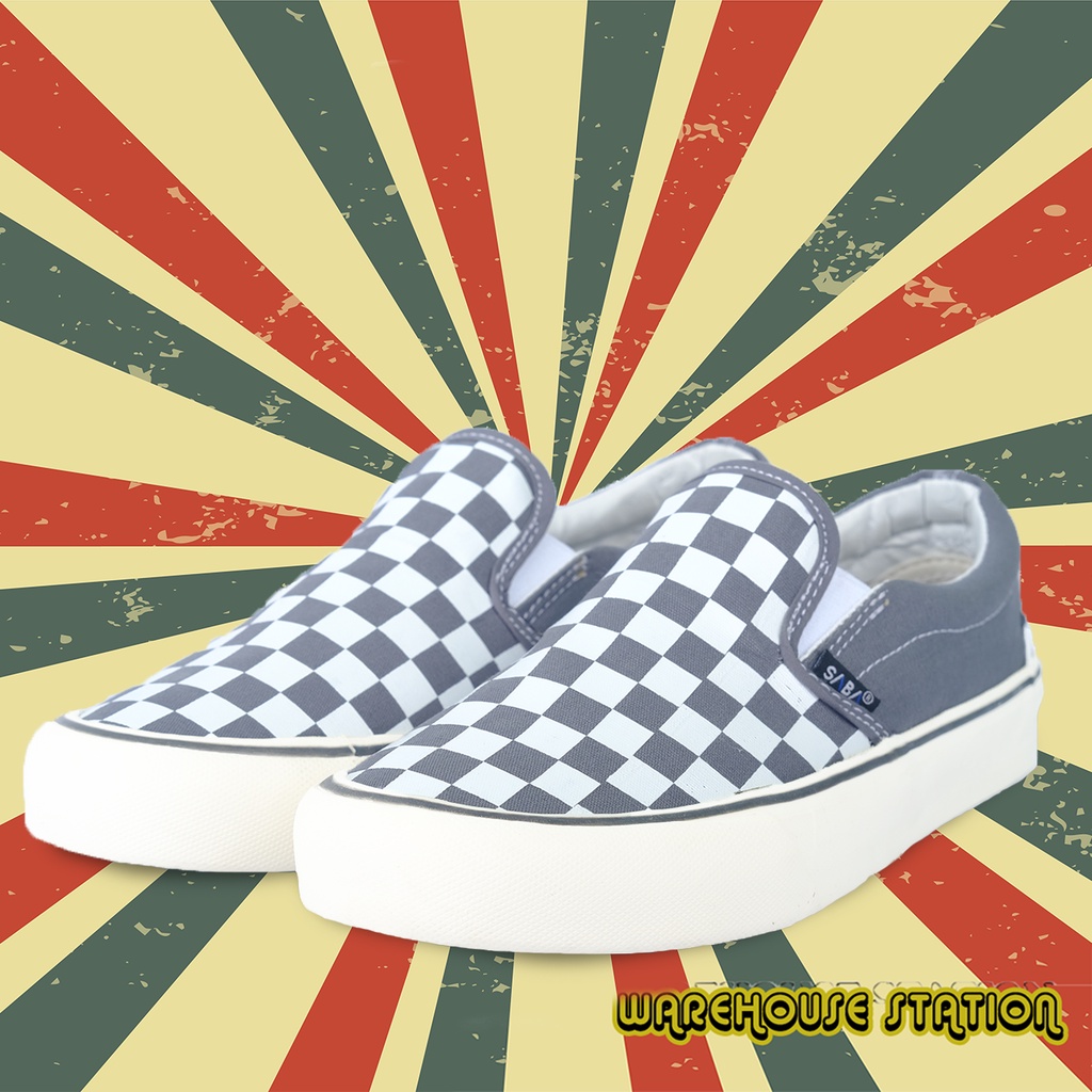 SABA Checkerboard Slip On White Grey  - Sepatu Sneakers Casual Pria Wanita