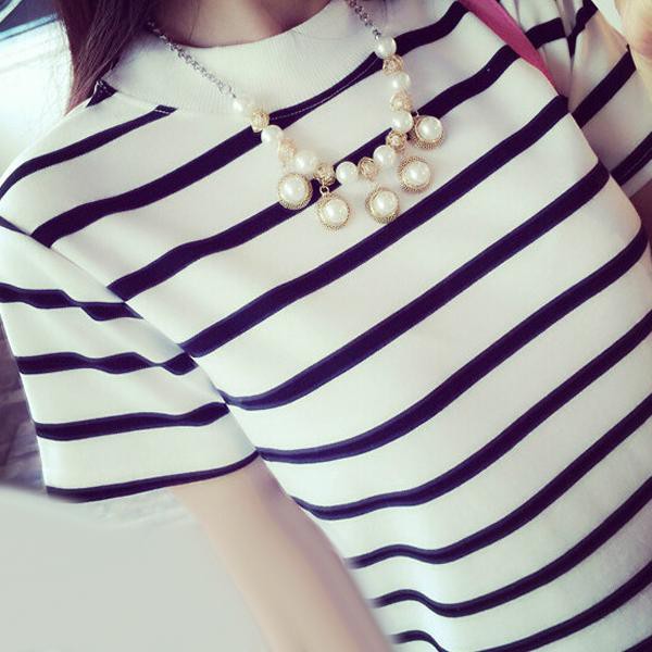 Women's New White O-Neck Striped Short Sleeve Bodycon Dress