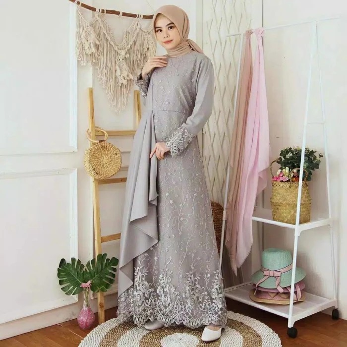 DRESS WANITA MODERN GAMIS BRUKAT POLOS ATASAN MUSLIM WANITA KONDANGAN - Abu-abu