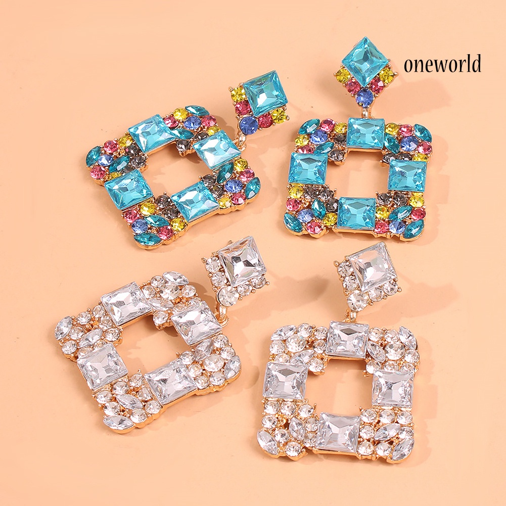 OW# Women Geometric Square Multicolor Rhinestone Eardrop Statement Stud Earrings Gift