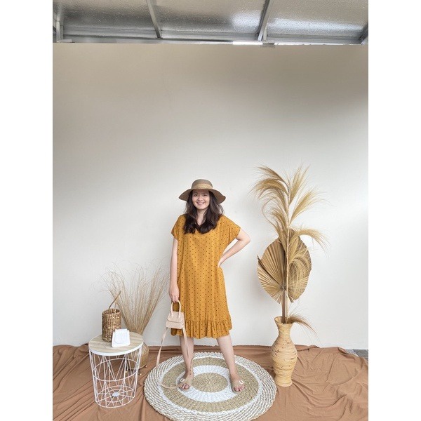 Daster Viral Ruffle Busui Friendly Resleting Depan Lengan Pendek | Daster Kekinian Busui Murah | Daster Rayon Busui Motif Terbaru Panjang Selutut-Busui PolkaKuning