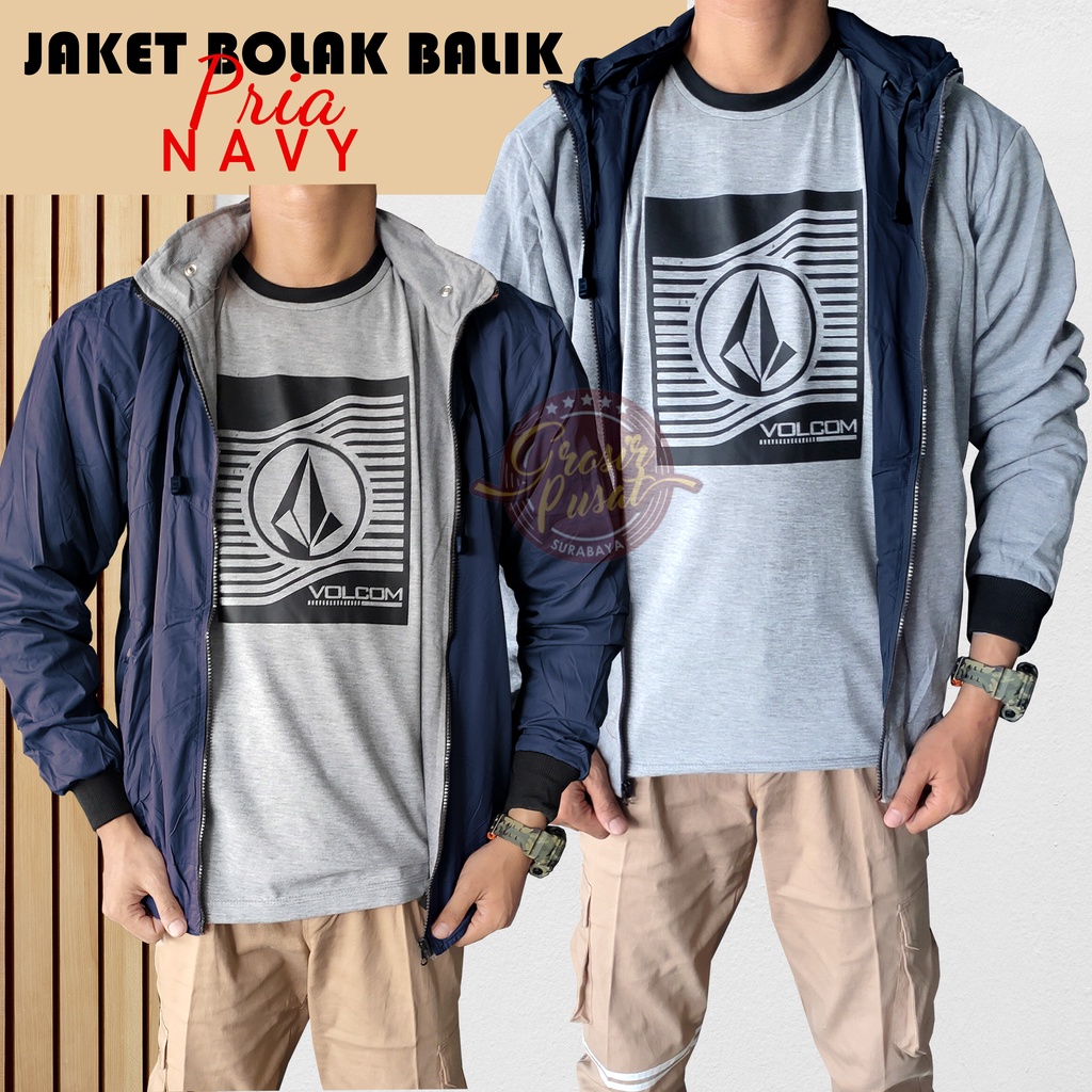 Jaket Bolak - Balik Biru Navi Parasut Fleece 2 In 1 Hoodie