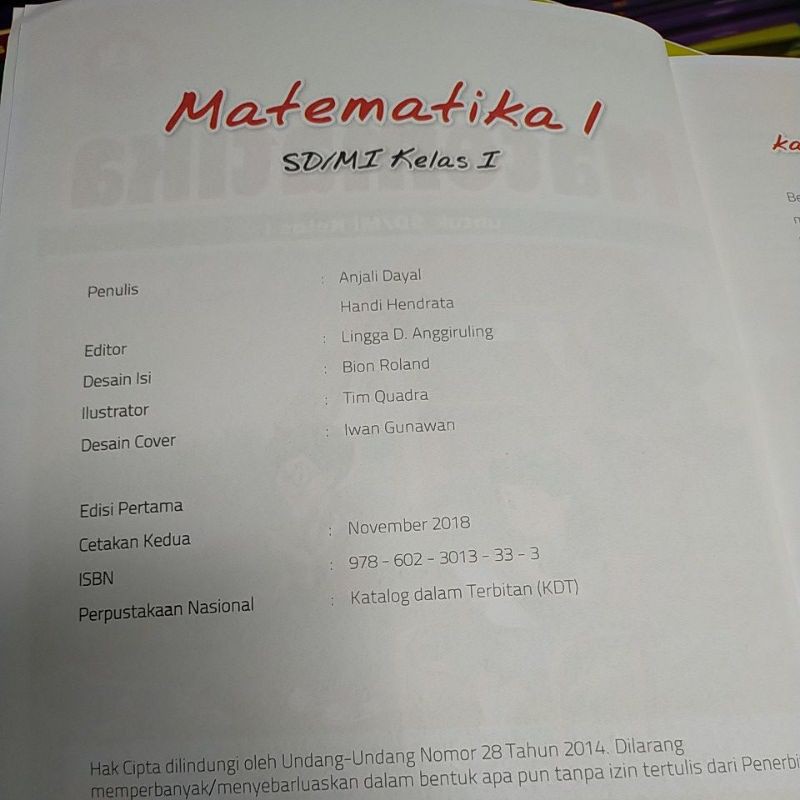 Buku matematika k13 kelas 1 sd/mi penerbit Quadra