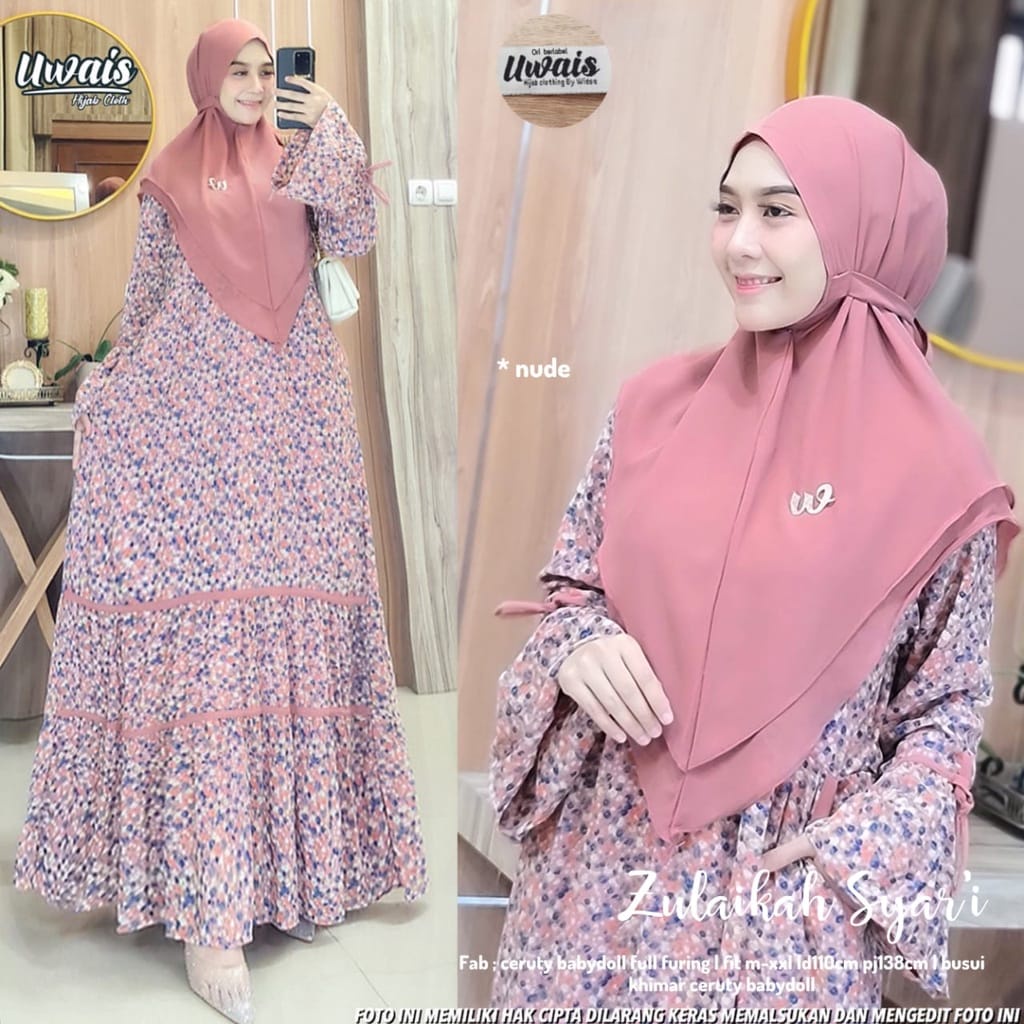 ready siap kirim || ZULAIKAH SYARI DRESS CERUTI SYARI SET HIJAB UWAIS ORI | Gamis Formal Edisi Lebar