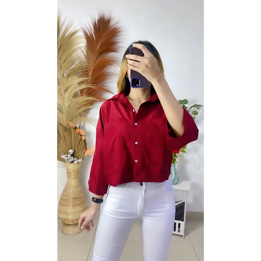 RX Fashion - Kemeja Crop Linen Pocket - BN-MAROON