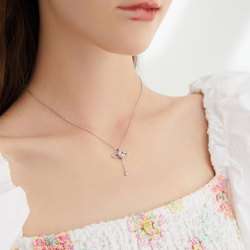 Barbie Kalung Rantai Silver 925 Liontin Hati + Sayap Malaikat Hias Cubic Zirconia Pink Untuk Wanita