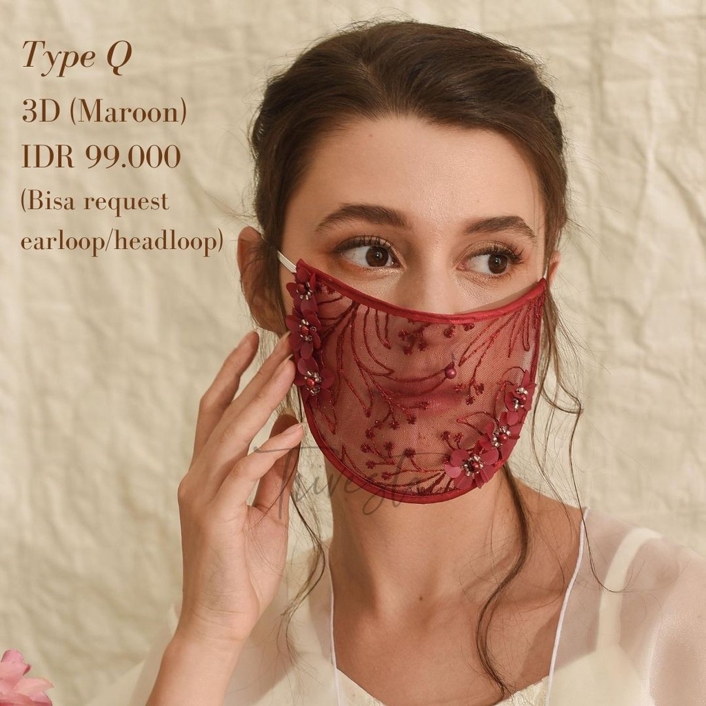 Masker Mika untuk wedding/pengantin - MASKER BROKAT MASKER PREMIUM ANTI AIR- warna maroon -tipe Q