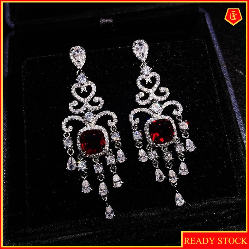 [Ready Stock]Retro Luxury Ruby Full-Jeweled Stud Earrings