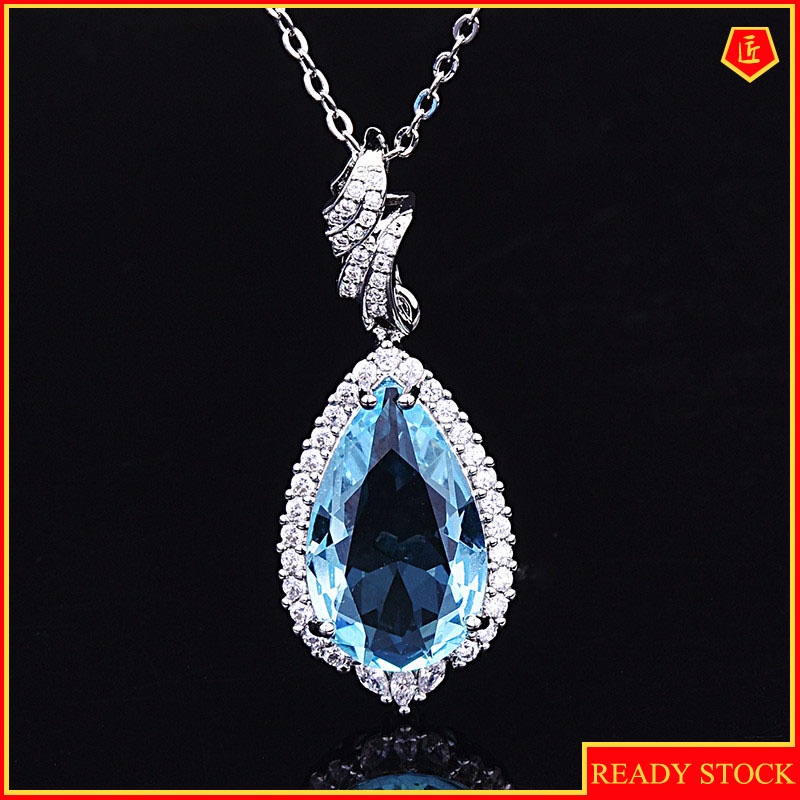 [Ready Stock]Fashion Drop-Shaped Diamond Aquamarine Pendant Necklace