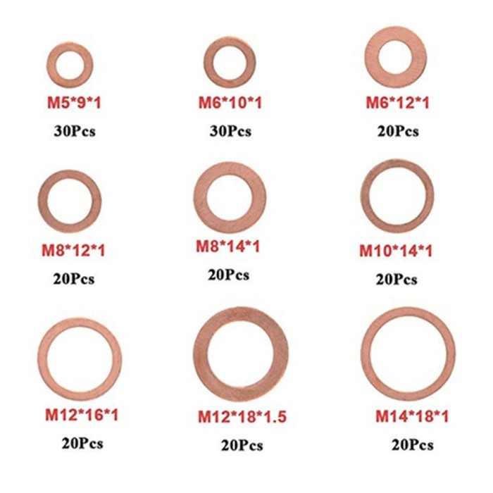 Paket Ring Plat Baut Gasket Flat Ring Seal Bahan Tembaga Isi 200 PCS