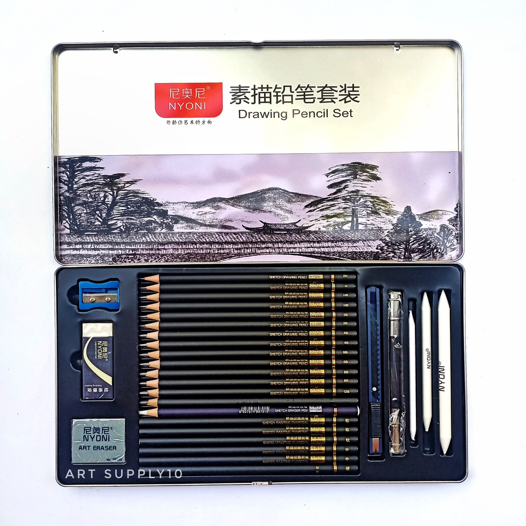 Jual Nyoni Drawing Pencil Set 29pcs Metal Tin Box / 1 Set Pensil Gambar