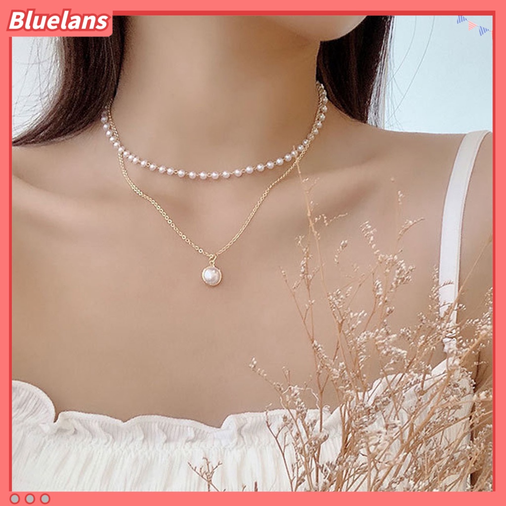 Bluelans Kalung Gelang Lapis Ganda Aksen Mutiara Imitasi Untuk Wanita